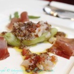 リストランテ ケン ヴェンティ クワトロ - パルマ産生ハム、秋なす，ホタテ貝のクルード、バイオレットマスタードソース