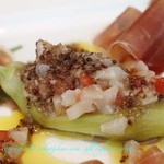 リストランテ ケン ヴェンティ クワトロ - パルマ産生ハム、秋なす，ホタテ貝のクルード、バイオレットマスタードソース