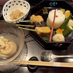 茶房 半兵衛 - 左下の汁が美味、生麩が美味なのに田楽の味噌が多すぎ、ご飯美味、煮物最高の味付け