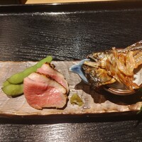 古今 本店 - 鮎の骨せんべい、鴨のロースト