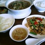 四川料理 溪邦 - 帆立甲イカポークのタカナ炒め、牛肉と野菜のタンメン