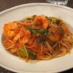 キッチン・キャミー - A パスタセット 税込1300円（R7.2時点）の海老と徳島レンコン 菜の花のトマトソースパスタ