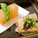 Deep-fried radish and fresh swordfish served with liver soy sauce