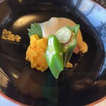 万助楼 - お造り　マグロ、もさ海老、アオリイカ　白子ぽん酢かけ