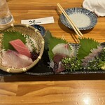 さかなや うおきく - 刺身５種盛り　中トロ、あじ、カツオ、タイ、カンパチ