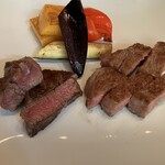 けやき坂 - メイン（お任せしたらミディアムレア）。右がサーロイン　左がテンダーロイン