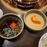 しゃぶ禅 - ポン酢にあさつきと紅葉おろし、胡麻だれに辣油を入れた様子です。