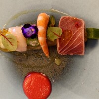 ザ・ビストロ - ⚫ナスのマリネとシーフードサラダ、スイカのガスパチョソース添え◎◎
                    