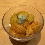 すしやのたい悟 - ばふん雲丹・むらさき雲丹と、汲み上げ湯葉マスカルポーネチーズ