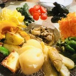 仏蘭西料理 やおら料理店 - ポプラノ？かな？辛くない唐辛子の仲間だけどたまに辛いのもある（笑）らしい。トマト。水茄子。コリンキーかぼちゃ。万願寺とうがらし。かぼちゃ。ズッキーニ。そうめんかぼちゃ。白茄子。だったはず。