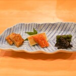 貴山 - 栗麩山椒焼き、茄子、半生ばちこ、インゲン黒ゴマ和え