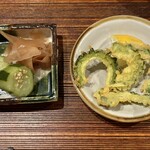 厳選焼鳥 一石三鳥 - ガリ　きゅうりの漬物　ゴーヤの天ぷら