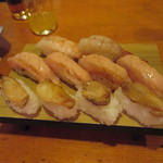 大真 - お任せ握り（エビ、中トロ漬けあぶり、鮑の炙り）