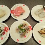 にぎりの徳兵衛 - 時計回りにきびなご　むらさきイカ　大トロ　車海老　金とろ穴子白焼　旬あじ