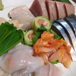 ふく田 - 刺身盛り合わせ（河豚、烏賊、雲丹、赤貝、鱸、〆鯖、めじ鮪）