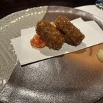 界 津軽 - 鮪香煎揚げ、パプリカととうもろこしの天麩羅