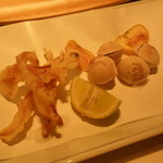 勢揃坂 蕎 ぎん清 - お通し：さきいかの天ぷら、塩炒り銀杏、栗せんべい