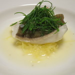 じん市 - ヒラメの低温調理　シャンパンビネガーソース　絲瓜と葱