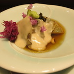 日本料理 みや  - 26年10月　鮑柔らか煮、焼き茄子　とんぶり、胡麻豆腐、鰹出汁餡