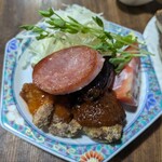 ナカガワ☆スエ食堂 - 「肉団子」「唐揚げチリソース」「雲仙ハム焼き」の３点盛り（通常メニューではありません）