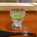 銀座 きた川 - 白海老、うに、土佐酢ジュレ、スナップエンドウ、里芋、湯葉