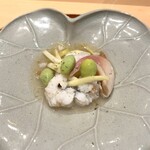 銀座 しのはら - ハモ、北寄貝、黄韮、煎り酒餡