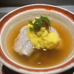 鮨 惣五郎 - 鱧と胡麻豆腐の餡掛け、とうもろこしソース
