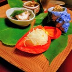 たか田八祥 - 八寸（もずく、モロヘイヤ、茄子、たこ、じゃがいものはりはり）