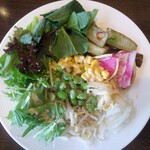 ヴェッキオアルベロ - サラダ盛付（サニーレタス、水菜、ビーツ、もやし、豆、ピクルス、小松菜、玉葱、コーン）