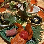 かにじぇんぬ 北のはなれ - 八寸　鰻ざく　鬼灯トマト　牡丹海老塩麹　青つぶ貝うま煮　蝦夷鹿ロースト　茄子オランダ煮