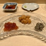 鮨 はしもと - 珍味三種　甘海老塩辛　鮎のペースト　筋子味噌漬け
