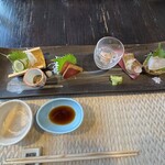 望楼NOGUCHI函館 - お造り「噴火湾産ウマズラハギの塩〆」、「津軽海峡産本マグロ」、「函館産エゾアワビの水貝」、「北斗産太刀魚の炙り」、戸井産活〆真ゾイ」