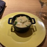 forare - 万願寺獅子唐と焼き玉葱のラザニアコーンスープがけ