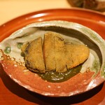 銀座 しのはら - アワビのカツレツ、黒にんにくと鮑の肝のソース