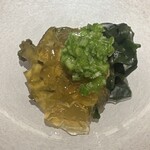 315574806 - 茨城　蒸し鮑　金時草　オクラ　三杯酢