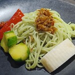 茅場町食堂 History by moto since 2010 - オリーブ素麺、きゅうりのからし漬け、上天ぷら
