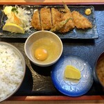 味食道　引田屋 - 料理写真:アジフライ、メンチカツ定食¥980- 生卵¥100-