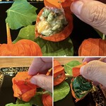 鎌倉 北じま - 写真左下：トマトの甲州煮（ワイン炊き）
      写真右下：モロヘイヤのおひたしに自家製バチコ
      写真上：南瓜、ズッキーニ、胡瓜の腐乳和え