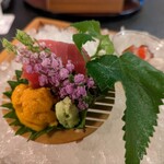 御懐石 志ら玉 - 向付け　鮪、雲丹、蛸の湯引き