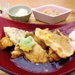 梅田 阪急三番街 リバーカフェ - もっちり京生麩と季節野菜白身魚の柚子揚げだし