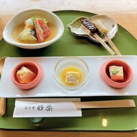 高台寺羽柴 - 自家製くみあげゆば三種盛り、生麩二色田楽、
                    包みゆば揚げ出汁
