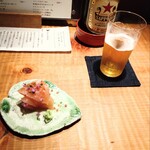 永来権 - むね肉の昆布締め、瓶ビール　赤星