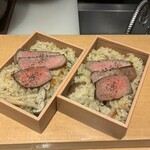 雪花菜 - 食べきれない炊き込みご飯はステーキ乗せて持ち帰り