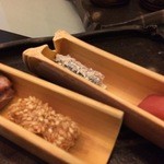 金田中 草 - 鴨黒胡椒焼　無花果　柿利休揚　小肌きらずまぶし