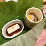 銀座 きた川 - ▪️前菜（後方）：
      ・ジーマーミー豆腐
      ・魚（ハモ）素麺とウズラの温泉卵