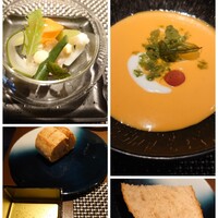 ルアン - 食前のお愉しみ、トマトの冷製スープ、オリーブオイル、パン※おかわり自由です。お愉しみは鯛とジャガイモの冷製でブランダード風✨️スープのトマトは県の基準より3割以上減薬しているというエコラブトマト使用。