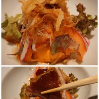 ルアン - カツオの炙りとパプリカの取り合わせ✨️愛南町で獲れたカツオとパプリカのムースで、まるで濃厚仕立てのカルパッチョのようでした。