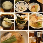 ふなや - すり流しに前菜3種、瀬戸内で獲れたというスズキの煮付けも滋味深し。＆道後ビールヴァイツェン(のぼさんビール) 1,250円