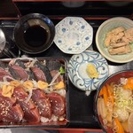 北かつまぐろ屋 - かつお食べ比べセット　鰹は甘醤油、ポン酢、塩で。