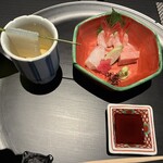 べにや無何有 - 向付。甘海老、中トロ、鱸…赤烏賊のソーメン